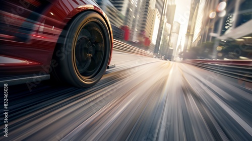 Close-up of a red sports car in motion, speeding through a modern cityscape with motion blur highlighting its dynamic acceleration. photo