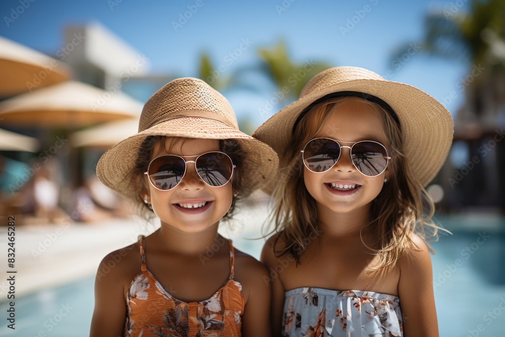 Happy siblings on vacation, wearing sunglasses and stylish hats, by the swimming pool at a 	resort, traveling and enjoying their holiday.