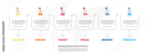 Vector modern infographic flat template pin and circles for graph, presentation with arrows. Business concept with 6 options and marks. Blank space for content, step for step, timeline, workflow