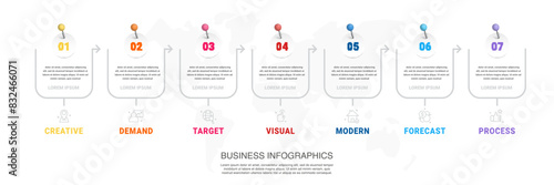 Vector modern infographic flat template pin and circles for diagram, graph with arrows. Business concept with seven options and marks. Blank space for content, step for step, timeline, workflow