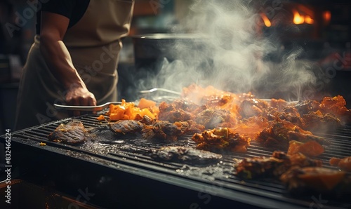 Grill master preparing a barbecue with smoke rising close up, cooking scene, vibrant, overlay, backyard deck backdrop photo