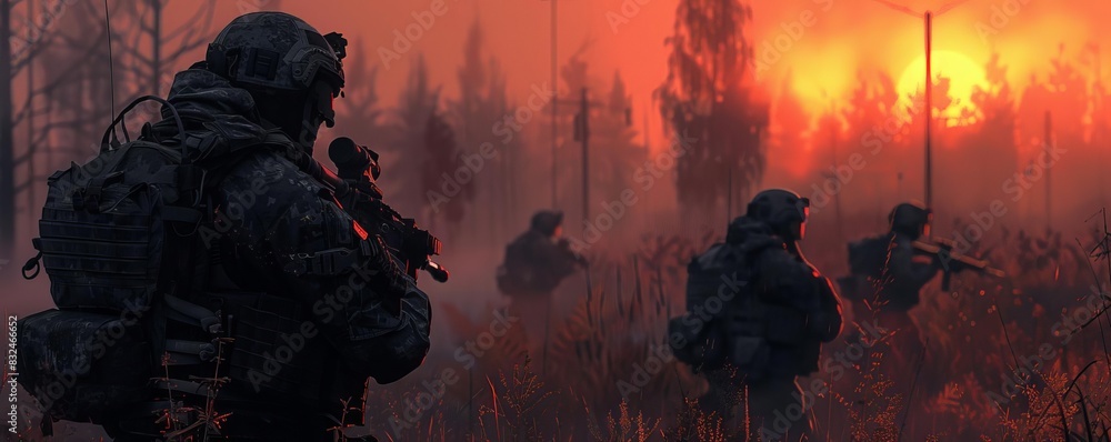 Group of soldiers patrolling in a misty forest at sunset with dramatic lighting and atmosphere. Military training or operation scene. Group of soldiers patrolling in a misty forest at sunset with dramatic lighting and atmosphere. Military training or operation scene.
