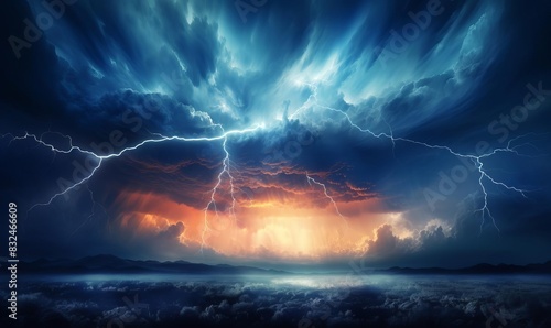 Hailladen thunderstorm with lightning bolts flashing through the clouds, intense and dark atmosphere close up, wild weather, vibrant, overlay, tempestuous backdrop © PARALOGIA