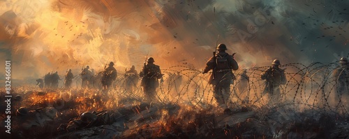 A dramatic scene of soldiers advancing through a smoky battlefield, surrounded by barbed wire and fire, under a stormy sky.
