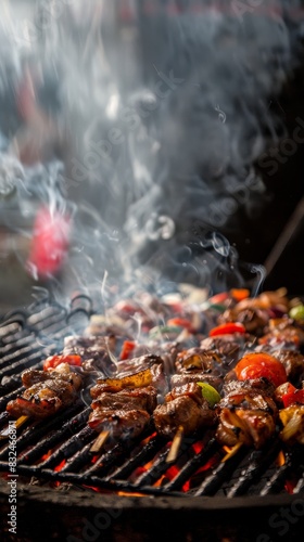 Juicy grilled meat and vegetables on skewers over a smoky barbecue, perfectly cooked to perfection for a delicious outdoor meal.