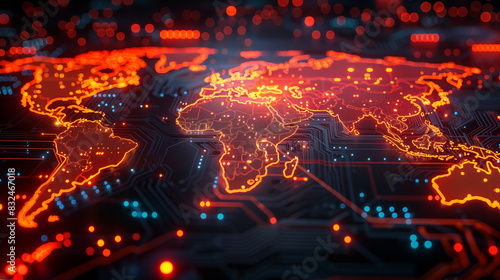 World map illustrated in orange light outline on a microelectronic circuit board. Concept of global connectivity, technology, and digital communication.