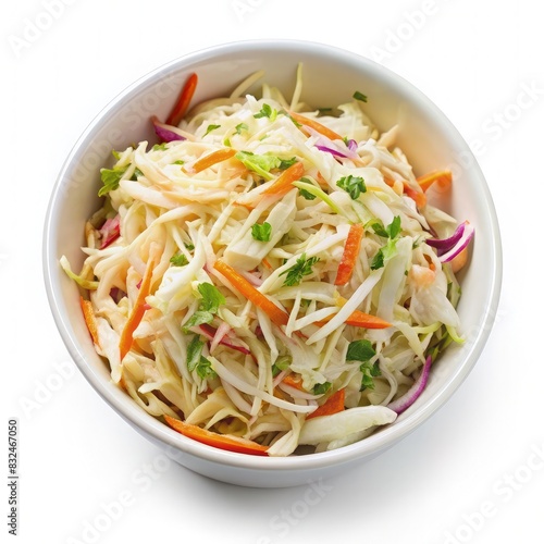 White Bowl Filled With Coleslaw and Carrots. Generative AI