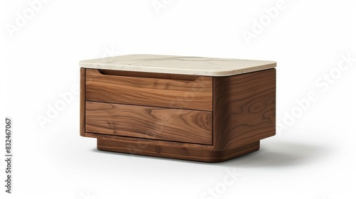 High-detail photo of a sleek nightstand with a marble top, isolated on a white studio background © G.Go