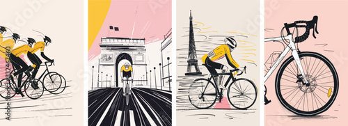 Collection of minimal road bike racing poster cover designs. Abstract cycling sports background