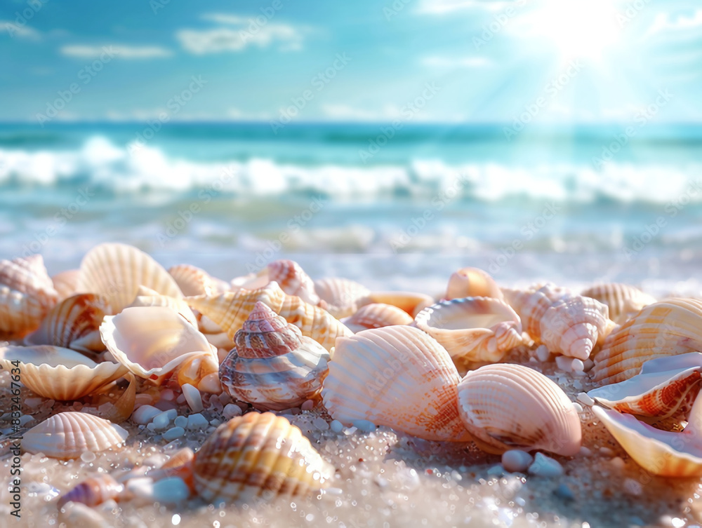 Beach banner with seashells, corals, and starfish on a white sandy beach Beach banner with seashells, corals, and starfish on a white sandy beach