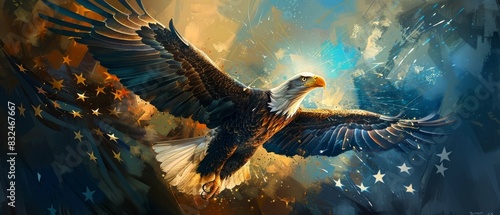 Majestic eagle spreading its wings in a vibrant sky, symbolizing freedom and strength with a colorful, abstract background.