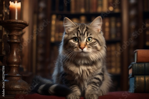 Portrait of a cute cymric cat on classic library interior © Markus Schröder