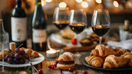 Bastille Day celebration with a table set with croissants, éclairs, and a selection of French wines © Partha
