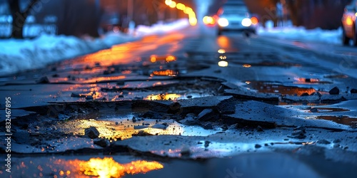 Urban road with multiple potholes poses risks to vehicles and pedestrians due to neglect. Concept Potholes, Urban Infrastructure, Road Maintenance, Safety Concerns photo