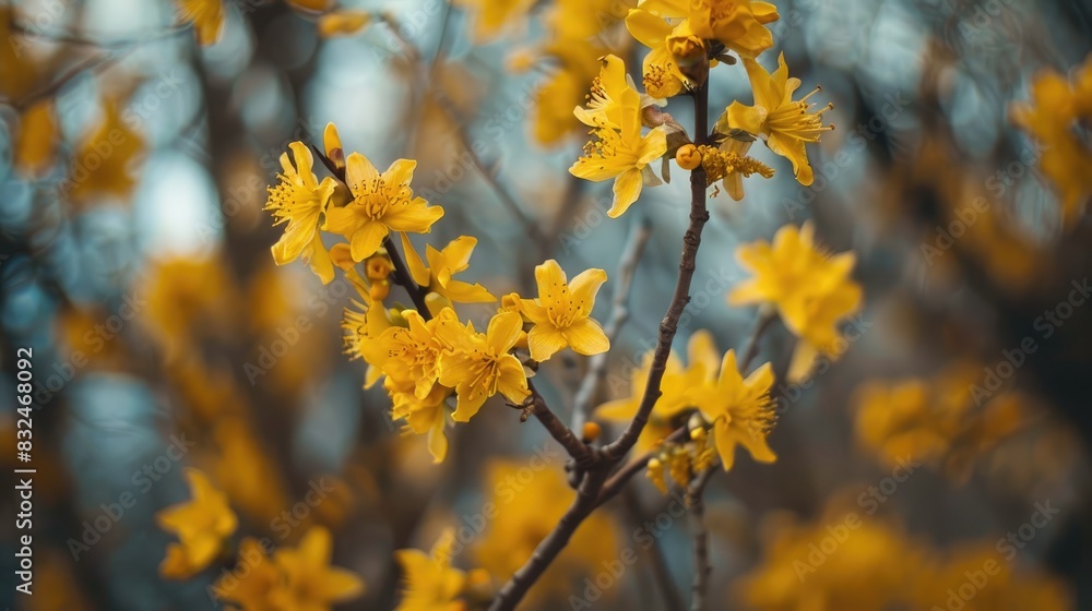 Macro shot of yellow forsythia flowers on a tree during spring