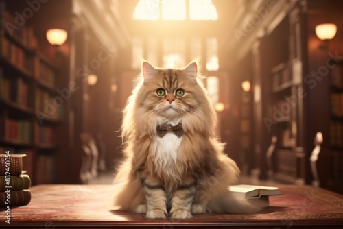 Portrait of a cute british longhair cat in front of classic library interior photo
