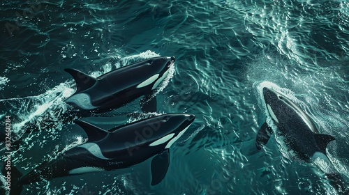 realistic orcas, swimming through churning, ocean. North sea colours atmospheric and just glimpses of the Orcas photo