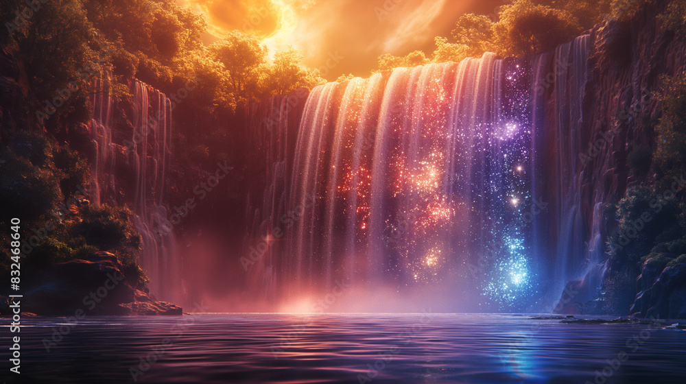 A rainbow of holographic liquid flowing down a high waterfall, galaxy and stars inside the liquid, glowing in vibrant colors, reflecting on its surroundings with an ethereal glow, A rainbow of holographic liquid flowing down a high waterfall, galaxy and stars inside the liquid, glowing in vibrant colors, reflecting on its surroundings with an ethereal glow,