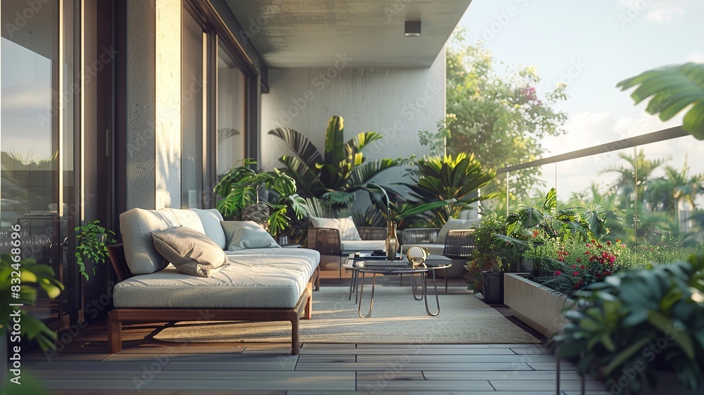 Discover a modern balcony oasis captured in a professional photograph, showcasing botanical charm with lush green plants enhancing the sleek design Discover a modern balcony oasis captured in a professional photograph, showcasing botanical charm with lush green plants enhancing the sleek design