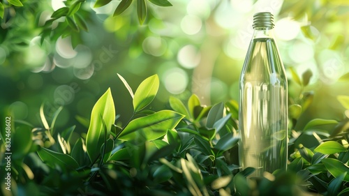  Glass bottle amidst lush green leaves with a bright, bokeh background.
