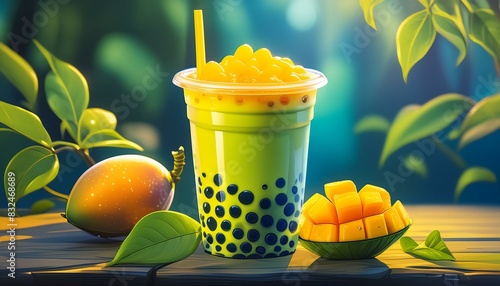 Delicious Mango Matcha Boba Tea Served in a Plastic Cup photo