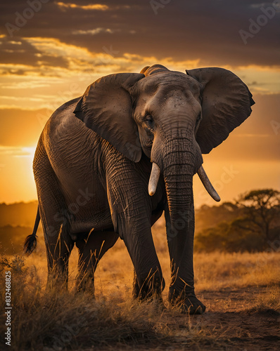 Graceful elephant silhouette calmly wanders in the grass at sunset.