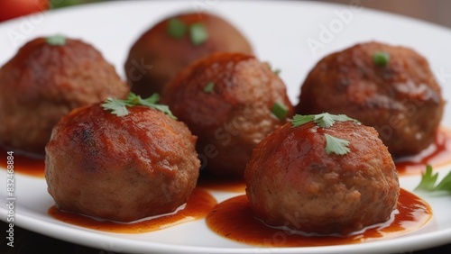 A plate of savory meatballs covered in a rich, tangy sauce, garnished with fresh herbs. The meatballs look juicy and appetizing, perfect for a hearty meal