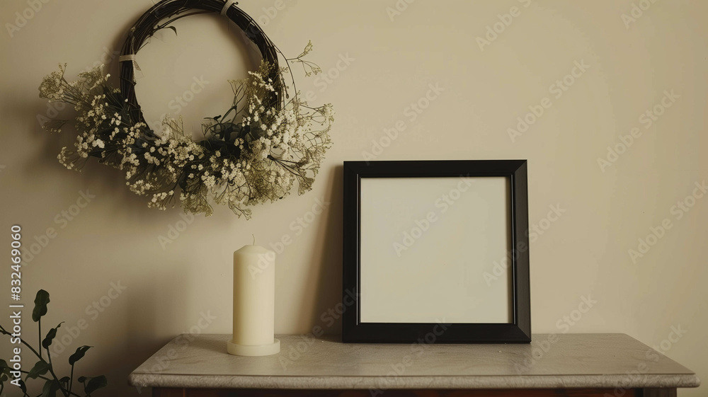 memorial setup featuring a black-ribboned photo frame, a candle on a light grey table, and a wreath of plastic flowers against the wall memorial setup featuring a black-ribboned photo frame, a candle on a light grey table, and a wreath of plastic flowers against the wall