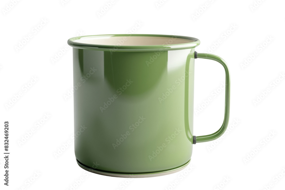 A green coffee cup with a white rim sits on a white background, Hiking & Trekking Equipment, 3D style and isolated on a transparent background. A green coffee cup with a white rim sits on a white background, Hiking & Trekking Equipment, 3D style and isolated on a transparent background.