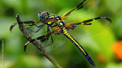 A dragonfly with black and yellow coloring and blue eyes perched on a plant s tip