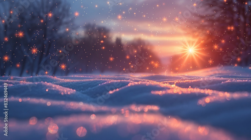 a snowy landscape in which the star of the day shines in the sky