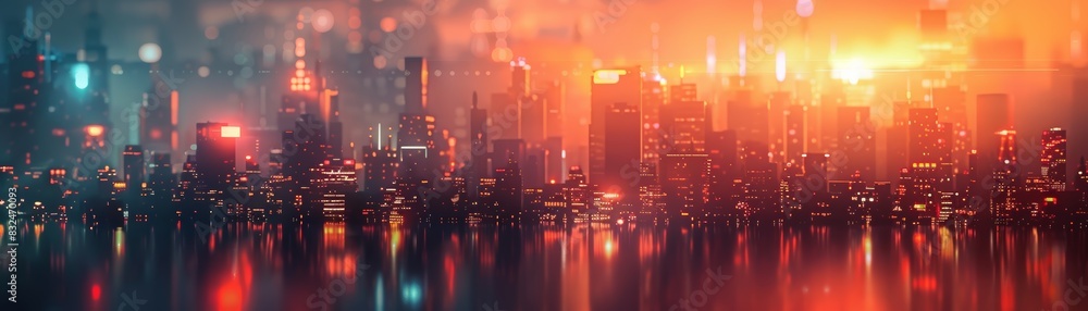 Abstract cityscape with glowing lights and a warm sunset.