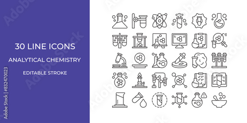 Analytical chemistry icon set illustration vector editable stroke. gen, tube, danger, and more