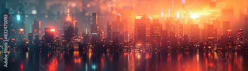 Abstract cityscape with glowing lights and a warm sunset.