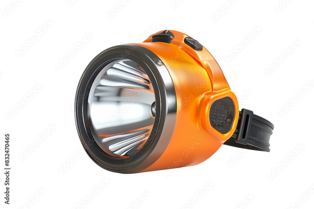 A bright orange headlamp with a black band, Hiking & Trekking Equipment, 3D style and isolated on a transparent background. A bright orange headlamp with a black band, Hiking & Trekking Equipment, 3D style and isolated on a transparent background.