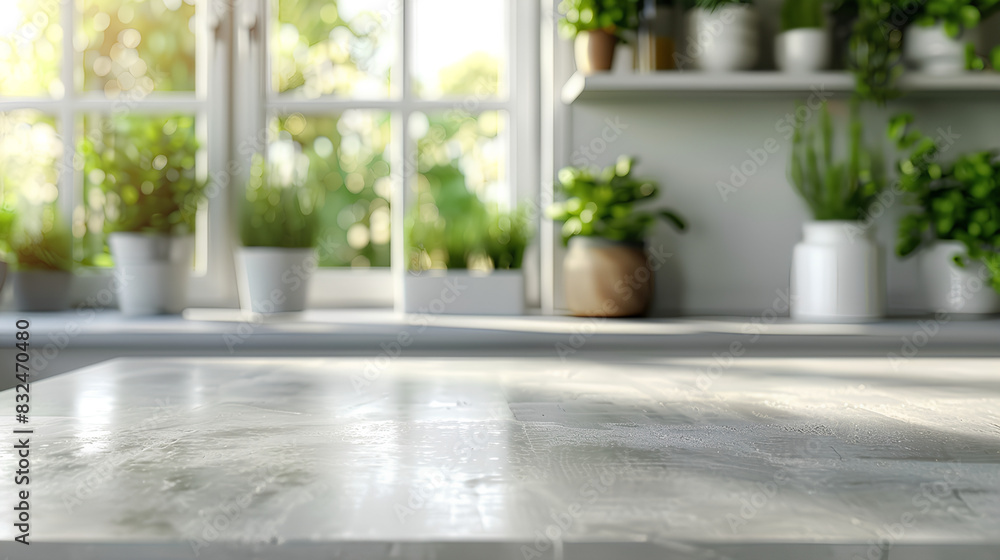 countertop with blurred home kitchen background in white countertop with blurred home kitchen background in white