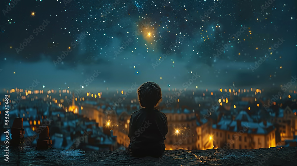 a child sitting on a roof and looking at the stars a child sitting on a roof and looking at the stars