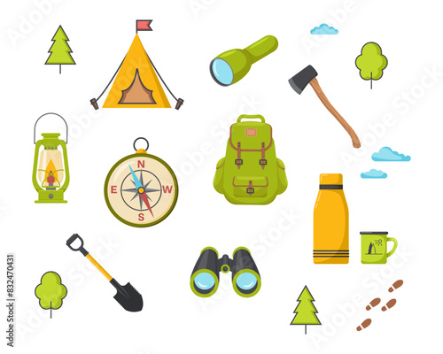 Set elements for Summer camp, travel, outdoor recreation, camping
