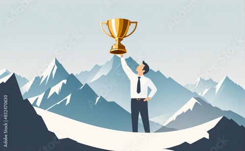 A businessman lifting golden trophy with one hand on the mountain, winner, success concept, flat lay illustration