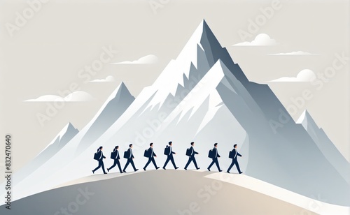 Group of office worker walking up to the top moutain, teamwork, success concept, flat illustration