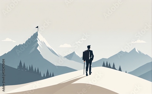 A businessman walking to top of the mountain, challenge, success concept, flat illustration