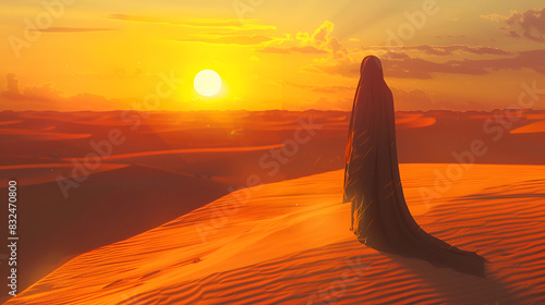 Arabian woman in the desert at sunset travel concentration  generative ai
