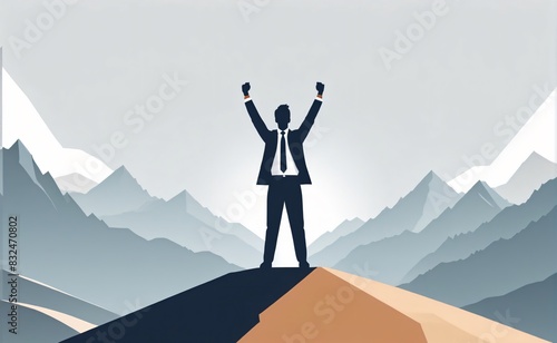 A happy businessman raising two hands on the moutain, winner, success concept, flat illustration