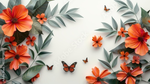 A flat lay composition with orange flowers  green leaves and butterflies on a white background.