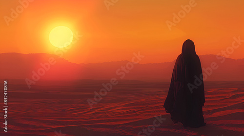 Arabian woman in the desert at sunset travel concentration, generative ai