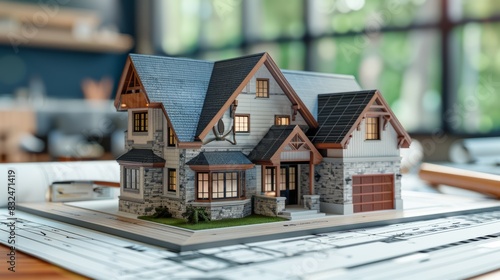 A detailed miniature model of a two-story house sits on architectural plans, showcasing a modern design with stone accents. photo