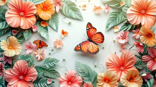 A vibrant butterfly soars amongst delicate paper flowers and leaves  creating a whimsical spring scene.