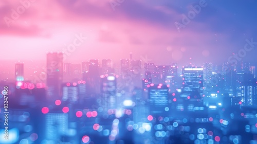 A dreamy cityscape at dusk, with a vibrant pink and blue sky. The city lights create a sparkling effect.