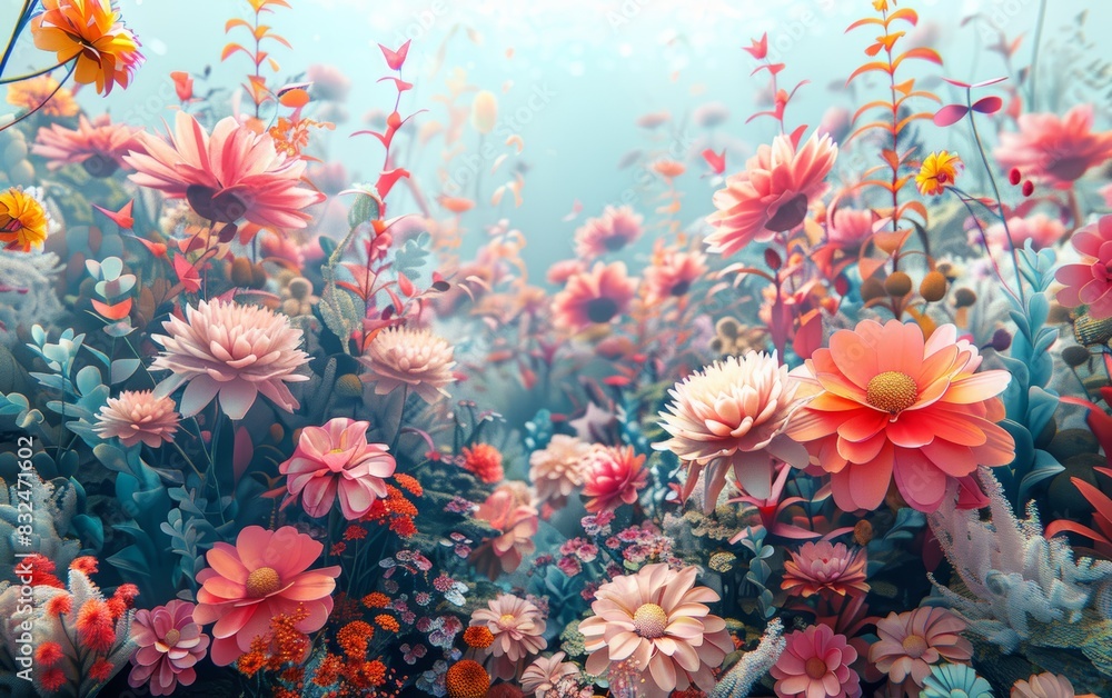 A vibrant field of pink flowers blooming in a soft, dreamy light.