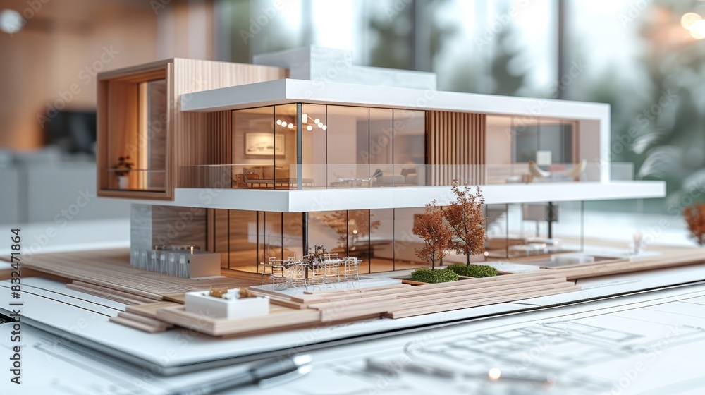 A modern architectural model of a luxury house with large windows, a spacious deck, and lush landscaping. The model is placed on blueprints, showcasing the design process. A modern architectural model of a luxury house with large windows, a spacious deck, and lush landscaping. The model is placed on blueprints, showcasing the design process.